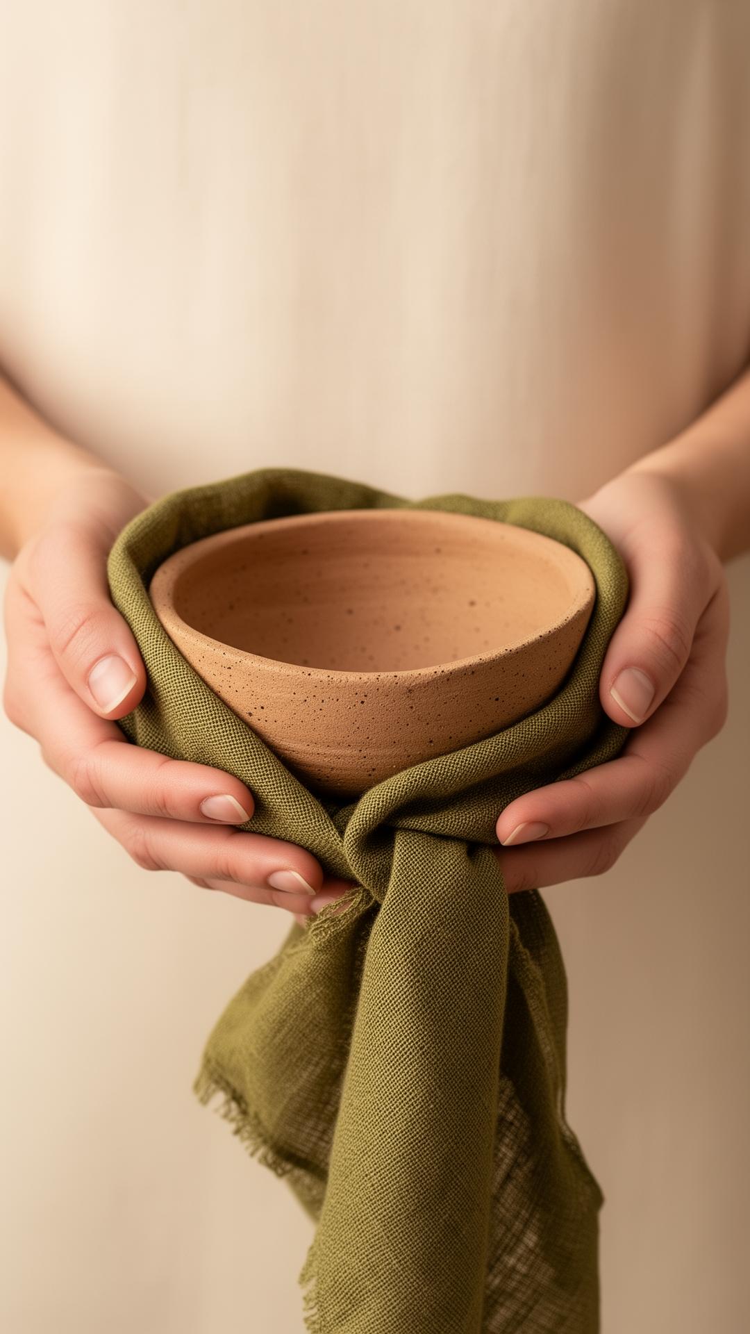 Hands holding a handmade clay bowl