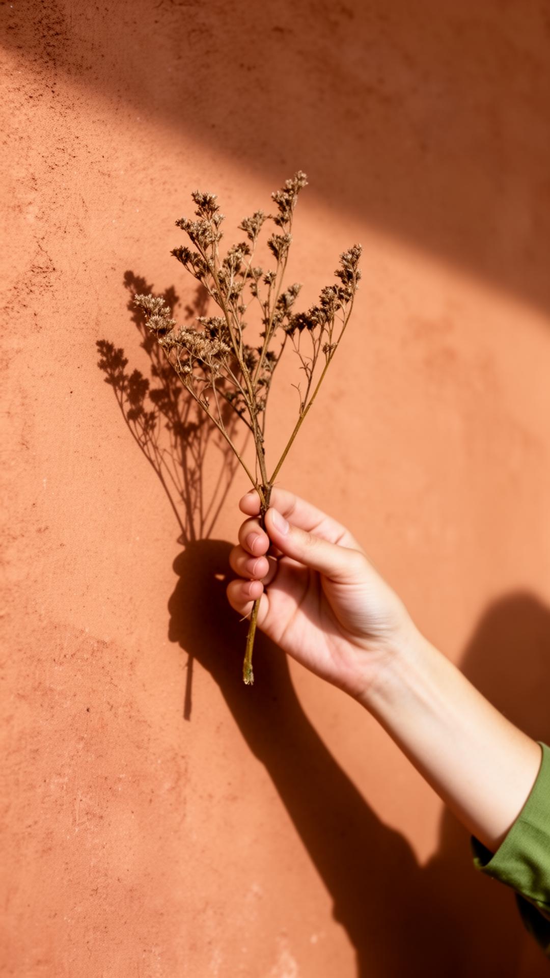 Hand reaching toward dried botanical against warm plaster wall