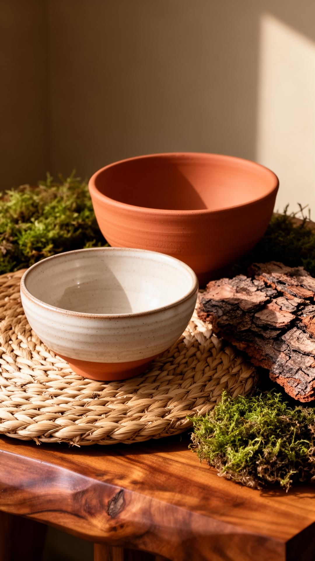 Handmade ceramic bowls on woven natural fiber